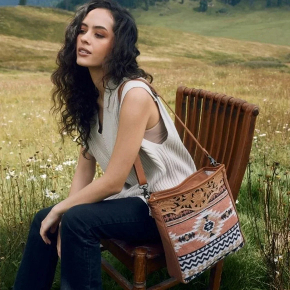 Myra Bag Boho Tooled Leather & Canvas Shoulder Bag New - Picture 9 of 9